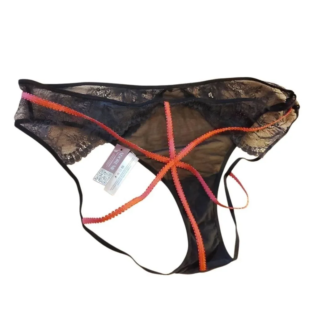 Adore Me Black Lace Sheer Thong with Red Strap Detail (501)